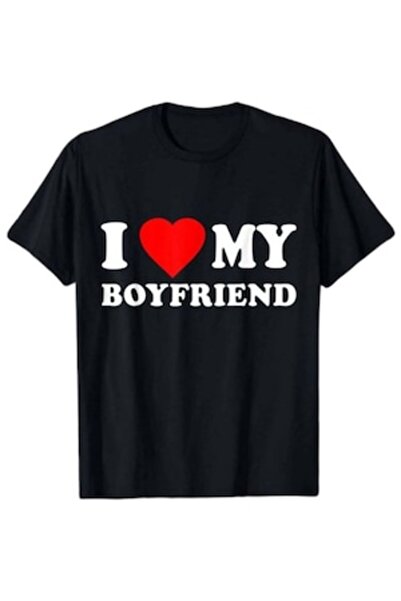 OEM Women's t-shirt, couples item, personalized vinyl, I LOVE MY BOYFRIEND, 100% cotton, black