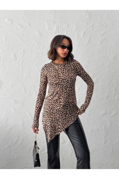 peralist Women's Leopard Asymmetrical Hem Crew Neck Viscose Elastane Tunic Blouse
