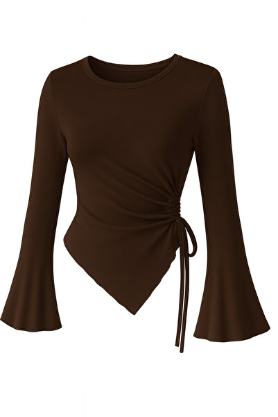 Wild Flower Битър кафе с кръгла яка, драпирана детайл, испански ръкав, скромна блуза