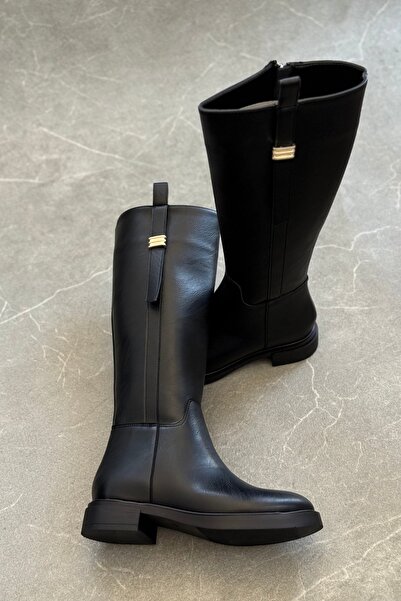 topuksarayı Kadın zanna düz taban tokalı çizme - siyah deri