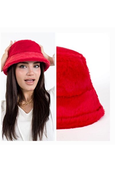 Gullfoss Kırmızı Tavşan Tüyü Peluş Bucket Kova Moda Kadın Kışlık Şapka