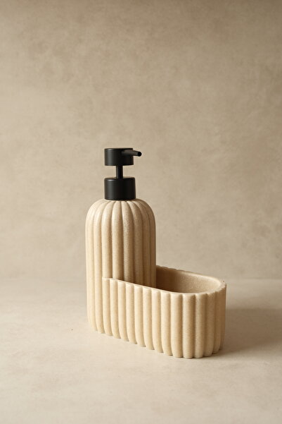 Dekorzdükkan Krem Doğal Taş Dokulu Hazneli Sabunluk (Sünger Hediyeli)