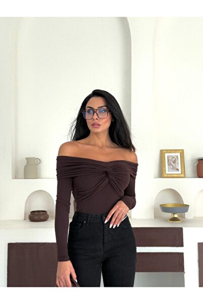 REELMODA Women's Brown Madonna Collar with Knot Detail on the Front Long Sleeve Stylish Sendy Bluse