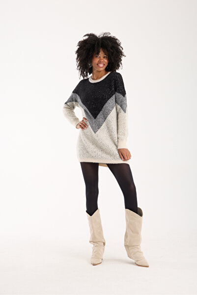 Moda Days Women's Ecru Glittery Beard Yarn Color Block Crew Neck Knitwear Sweater