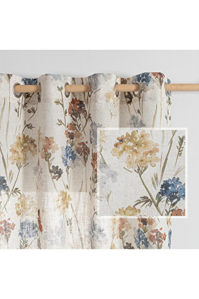 Five Store Linen fabric curtain with rings, floral pattern, Edis, density 200 g/m2, 135 x 270 cm, yellow