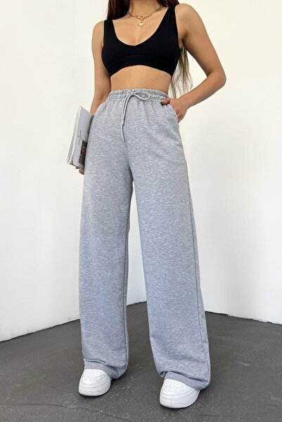 Hera Moda Women's Gray High Waist Wide Leg Loose Sweatpants