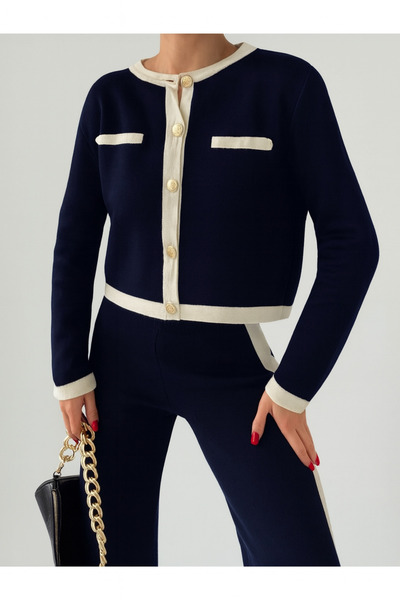 Lusin Women's Navy Blue Gold Button Detailed Cardigan Pants Bottom Top Two-Piece Knitwear Set (New Color)