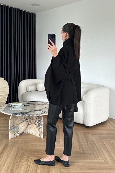 JaMolls Polo Collar Belt Detail Design Brand Equivalent Batwing Sleeve Imported Cashmere Buttoned Poncho Jacket Coat