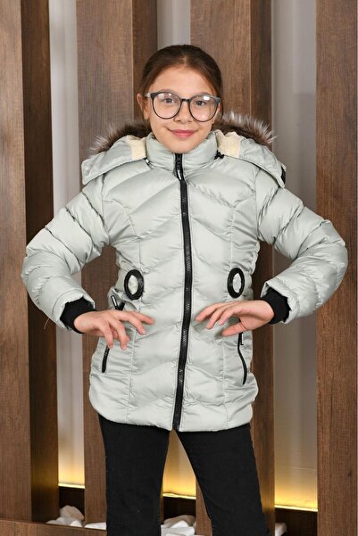 LASGARİS JEANS معطف منفوخ بغطاء رأس من الفرو للفتيات