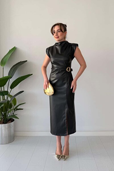 MaziButik Tokalı Deri Elbise