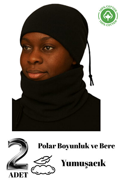 DİLRUBA AVM 2-Piece Polar Black Beanie Neck Warmer Winter Thermal Insulated Soft Warm Quality Set