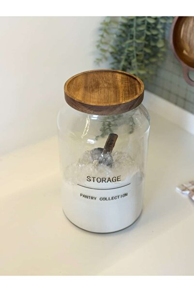 BUCOLIC وعاء زجاجي كبير من تيرا أكاسيا مع غطاء وملعقة قياس