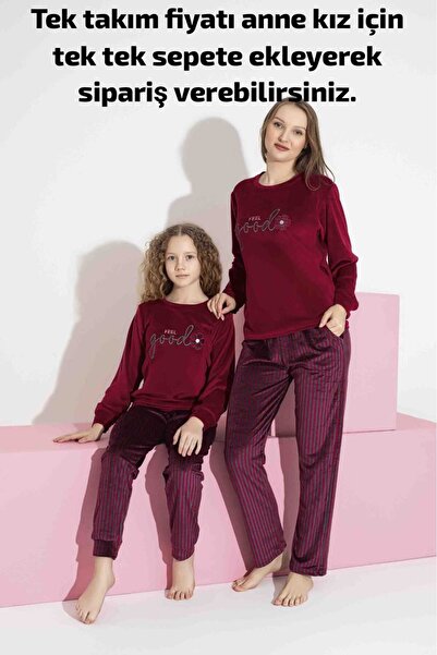 Mine style anne kız kadife- kırmızı bonjour nakışlı çizgili desenli kışlık Fransız kadife pijama takımı