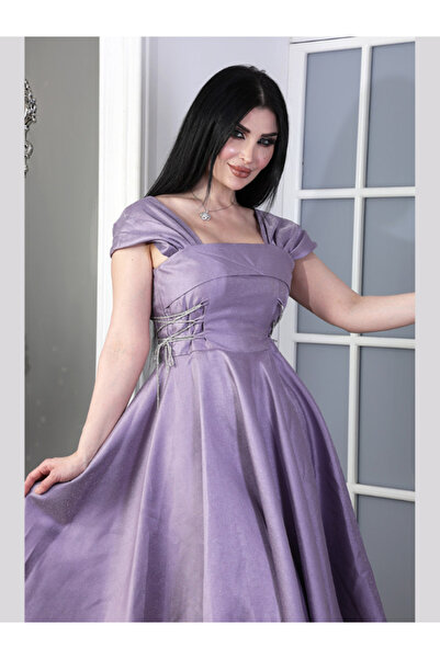 TREN فستان سهرة ساتان أرجواني مع مشد للخصر وحاشية منديل ورقبة مربعة ومناسبة خاصة وكوكتيل