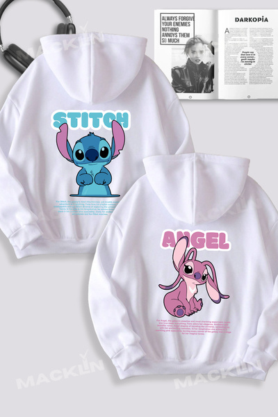 darkopia Дорогий комбінований комплект для пари: милий Стіч і Енджел, принт на спині, худі з капюшоном, комплект з 2 штук