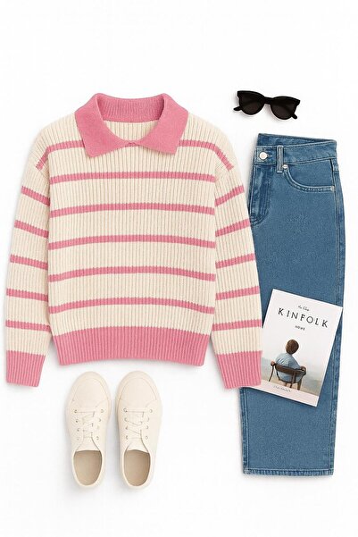 moda mh Γυναικείο πουλόβερ με ριγέ στυλ OVERSIZE με πλεκτό γιακά πόλο ΣΕΛΑΝΙΚ