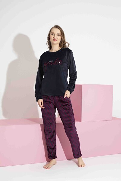 Mine style anne kız kadife- lacivert bonjour nakışlı çizgili desenli kışlık Fransız kadife pijama takımı