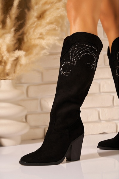 Joana Cizme Kaidyn negre din piele întoarsă cu toc înalt