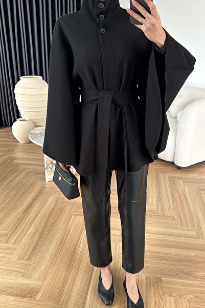 JaMolls Polo Collar Belt Detail Design Brand Equivalent Batwing Sleeve Imported Cashmere Buttoned Poncho Jacket Coat