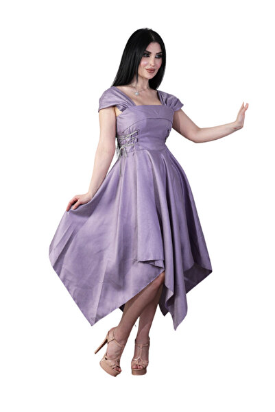 TREN فستان سهرة أرجواني مكشوف الكتفين، بحافة غير متماثلة، ورباط على الخصر، فس...