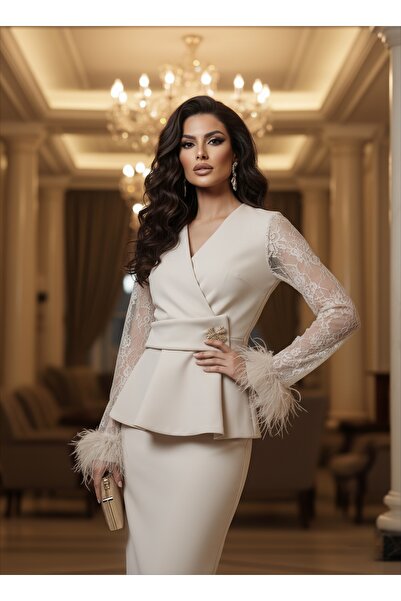 1Moda1Tarz Custom Design Suit with Imported Fabric, Lace and Otrich Sleeve Detail Accessories Included, Lined