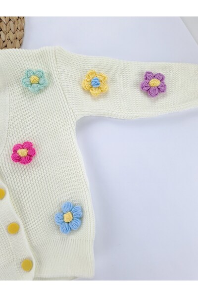 Butik Kız Çocuk Örme Triko Yelek Hırka Düğmeli Papatya Detaylı Premium Kalite