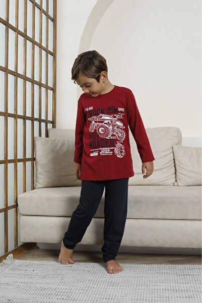 LİLA İÇ GİYİM Set de pijamale pentru băieți cu mâneci lungi, cu detaliu imprimat, roșu claret