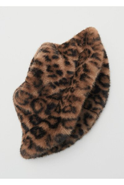 MANGO Woman Leopar desenli tüylü bucket şapka
