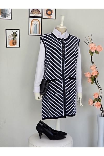 ENDAMIM Long Wool Knitwear Front 3 Buttons Striped Plus Size Knitwear Vest