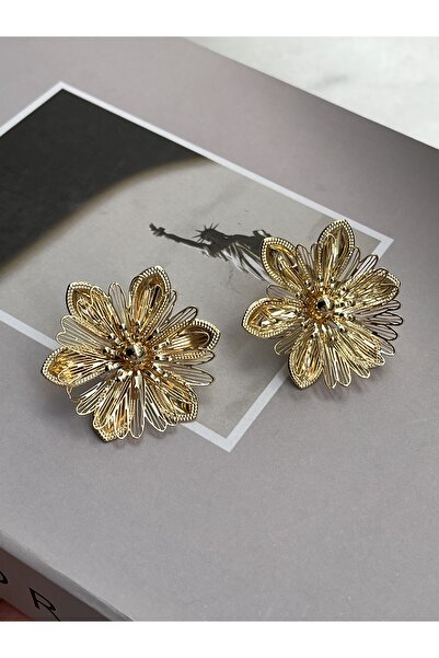 Twinssis Accessories Kadın Gold 3 boyutlu Çiçek Model Küpe