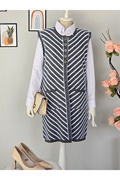 ENDAMIM Long Wool Knitwear Front 3 Buttons Striped Plus Size Knitwear Vest
