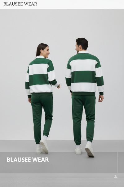 blausee wear Unisex Couple Lover Combination Green and White Patchwork 3 Thread Winter Polo Neck Sweatshirt Tracksuit Set