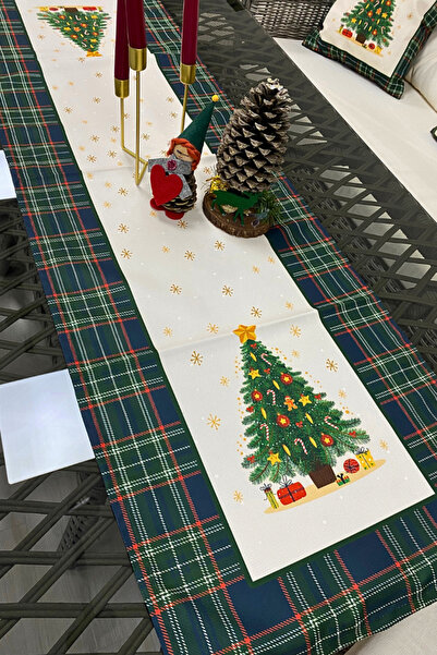 Home SH Seray Yılbaşı Christmas Temalı Ekoseli Çam Ağacı Bej Runner