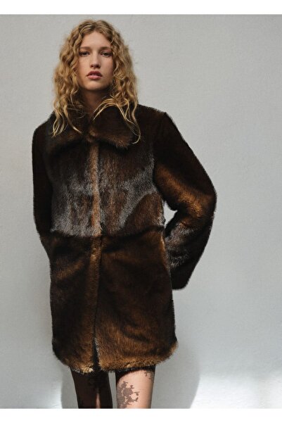 MANGO Woman Kürk görünümlü gömlek yakalı palto