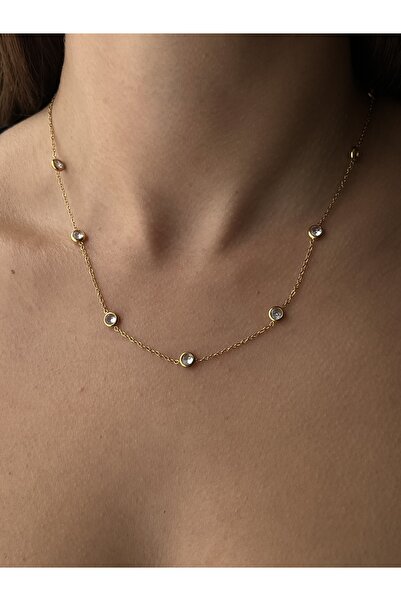 Twinssis Accessories Çelik Gold Sıralı Taşlı Top Zincir Kolye
