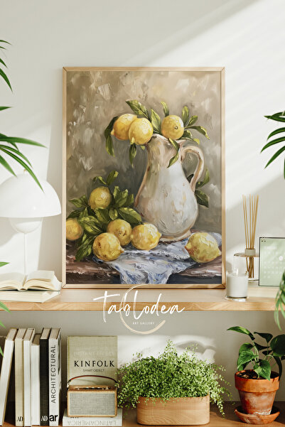 tablodea Yağlı Boya Görünümlü Vintage Limonlu Sürahi Çerçeveli Poster Tablo T...