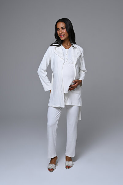 Lohusa Homewear Kadın Ekru Jakarlı Kışlık Özel Tasarım Lohusa Hamile Sabahlık...