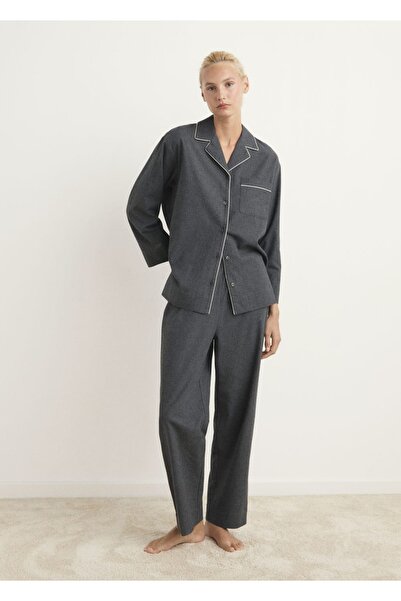 MANGO Woman Kontrast şeritli flanel pamuklu pantolon