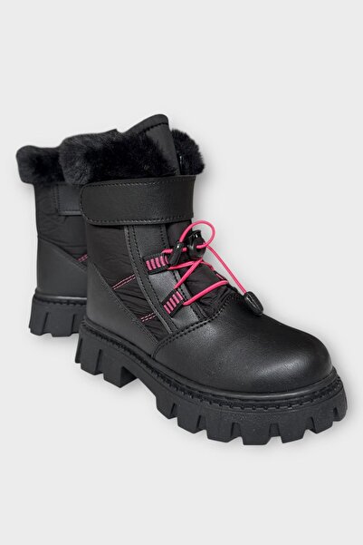 Liger Μπότες για κορίτσια με Velcro Smart Lace-up, με γούνα, ανθεκτικές στο νερό και το κρύο ΜΑΥΡΟ - ΦΟΥΚΣΙΑ