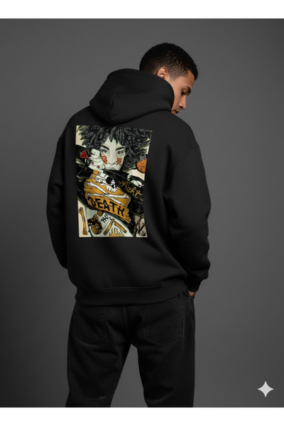 By Caspita Fashion Μαύρο φούτερ με κουκούλα με στάμπα Lenithra Death, Unisex ...