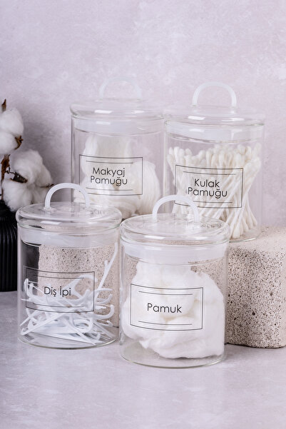 DNS HOME Set de 4 din bumbac Set de baie din sticlă Bumbac pentru urechi Bumbac pentru ață dentară Bumbac pentru machiaj Set de organizare pentru recipiente de depozitare