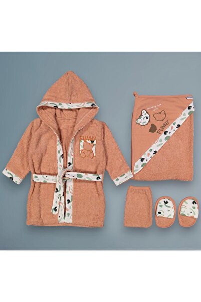 Miniworld 5 Parça Bebek Funny Ayı NakışlıBornoz Takımı - %100 Pamuk