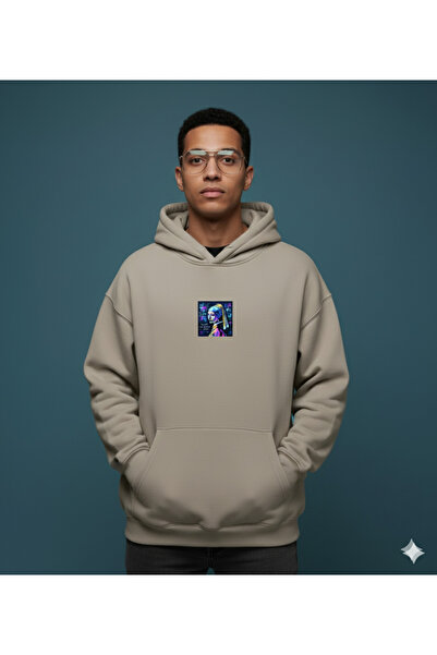 By Caspita Fashion Lenithra Pearl Earring Girl Back Printed Unisex Oversize Beige Hoodie