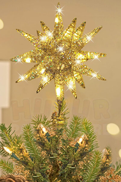 Huzur Party Store Lüx Günışığı Işıklı Gold Renk Tepelik Yılbaşı Çam Ağacı Yeni Yıl Ağaç Tepeliği Süsü 27 Cm Pilli