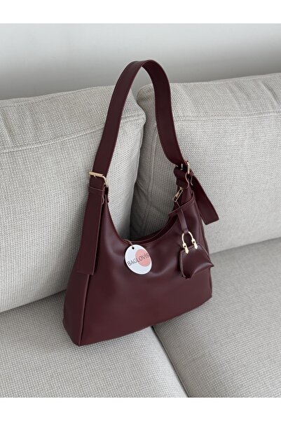 BAGLOVİS Burgundy Women's Shoulder Bag with Small Wallet and Buckle Detail En34 Boy22