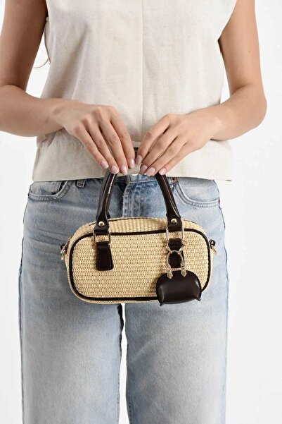 Grsbags حقيبة يد وكتف نسائية من القش البني