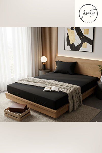 Vivesta Home طقم ملاءات مطاطية سوداء مقاس 100 × 200 سم + غطاء وسادة واحد مقاس 50 × 70 - قماش ناعم