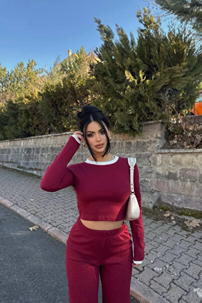 Siner Fashion Women's Burgundy White Detailed Ribbed Long Sleeve Blouse Wide Leg Pants Set
