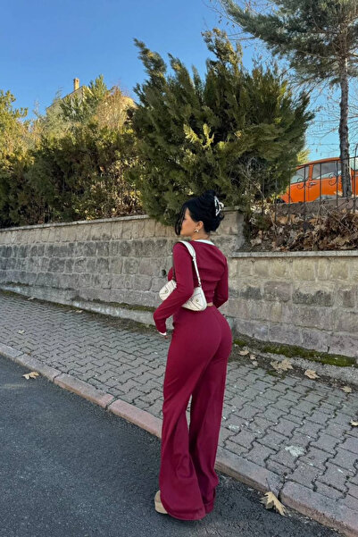 Siner Fashion Women's Burgundy White Detailed Ribbed Long Sleeve Blouse Wide Leg Pants Set