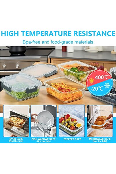 Hope 1040ml 10-Piece Glass Containers with Lids - Airtight Snap-Locking Food Storage Set, BPA Free,